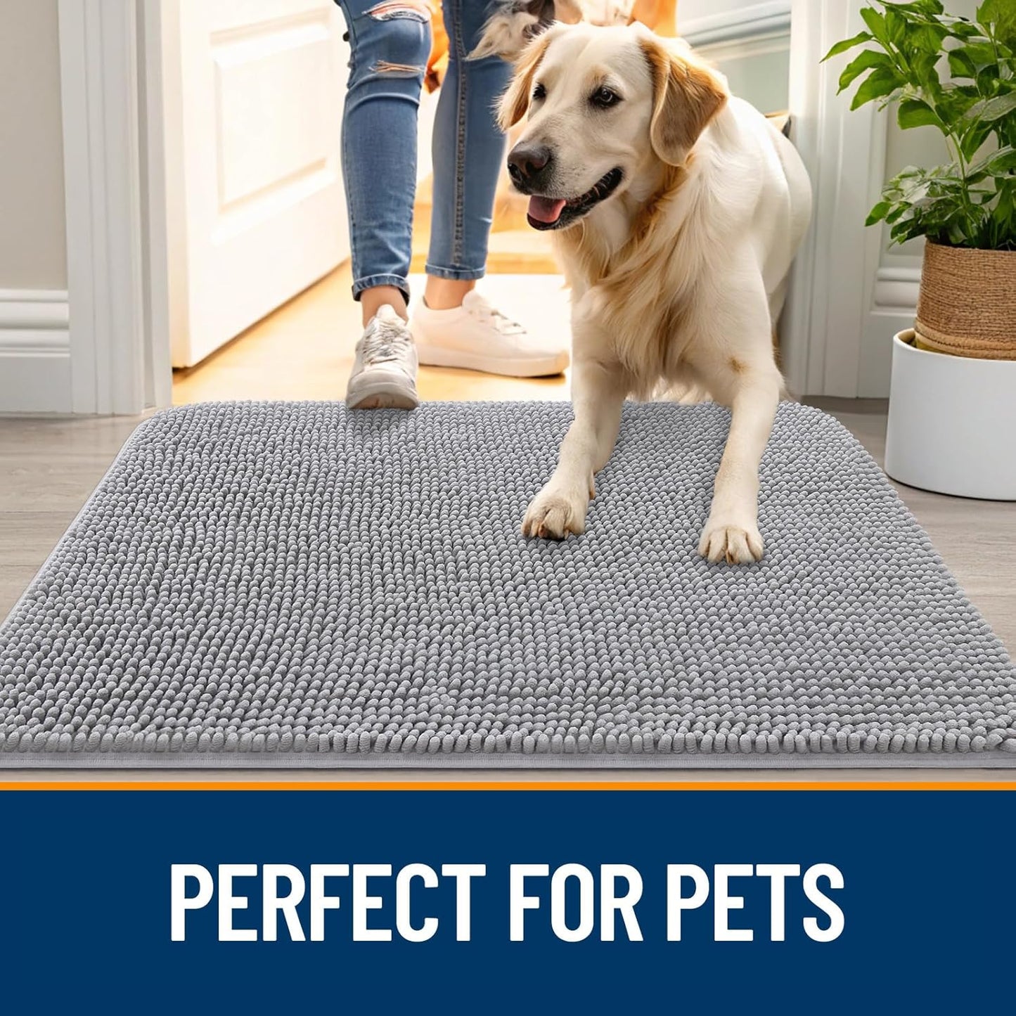 OLANLY Dog Door Mat for Muddy Paws 40x32, Absorbs Moisture and Dirt, Absorbent Non-Slip Washable Doormat, Quick Dry Chenille Mud Mat for Dogs, Entry Indoor Entryway Carpet for Inside Floor, Light Grey