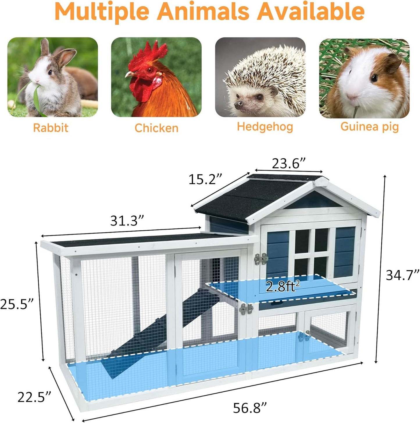 GARWOOD Large Outdoor Indoor Rabbit Hutch Wooden Bunny Rabbit Cage 2-Story with Run No-Leak Pull-Out Tray Waterproof Asphalt Roof Ramp for Guinea Pig Small Animal Wood Pet House Home Blue White