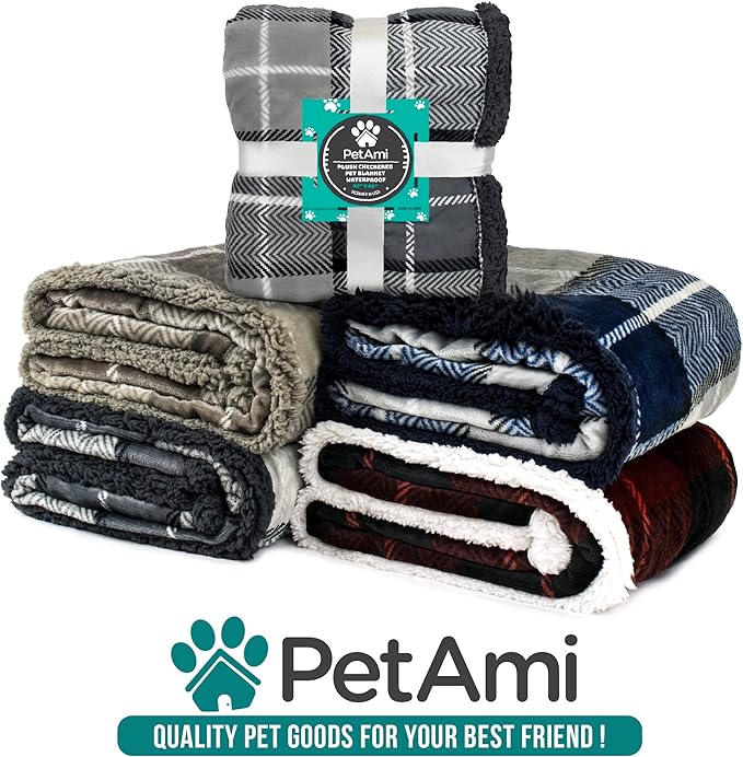 PetAmi Waterproof Dog Blanket for Medium Large Dog Puppy Cat Throw for Couch Cover Leakproof Protection, Sherpa Fleece, Reversible Soft Washable 60x40 Plaid Taupe