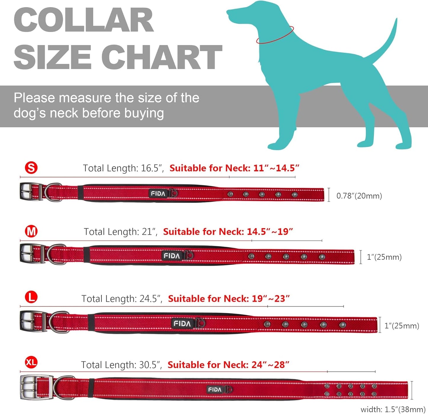 Fida Heavy Duty Dog Collar 1.5” Width, Ultra Soft Neoprene Padded, Adjustable Reflective Nylon Pet Collar with Two Metal Pin Belt Buckle for Large/X-Large Breeds (XL, Red)