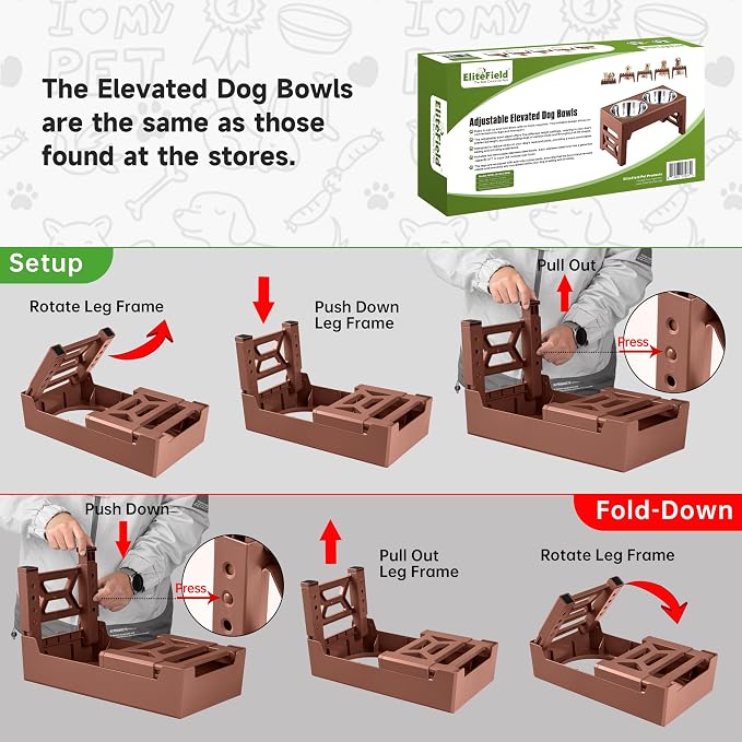 EliteField Elevated Dog Bowls, 2 Stainless Steel Bowls (2-Year Warranty) | 58 oz Bowls, 5 Adjustable Heights, Small to Large Dogs, Foldable, Dishwasher Safe, Anti-Slip Feet