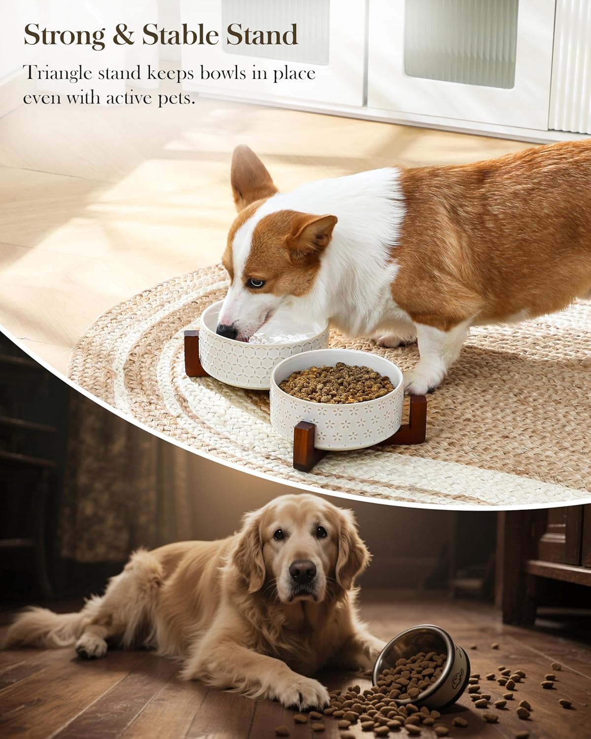 MALACASA Dog Bowl Set with Walnut Wood Stand, 3.5 Cups Ceramic Pet Bowls for Puppy Dogs, Dual Food and Water Bowls with Non-Slip Base, Basic Bowls for Your Dog or Cat, Five-Leaf Grass & Honeycomb