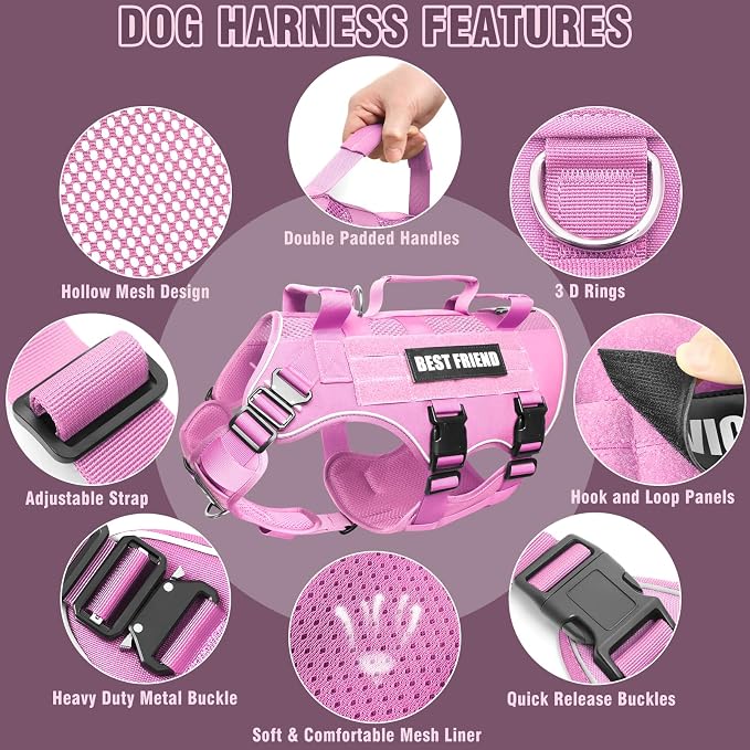 Air Mesh Tactical Dog Harness with Metal Buckles&MOLLE,Pink Medium | Breathable Adjustable No Pull Service Dog Vest with 3 Padded Handles,Military Dog Harness for Training Hiking Hunting Working