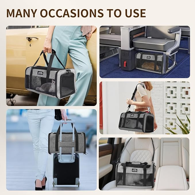 Pet Carrier Airline Approved, Soft Sided Cat Carrier for Small Pets up to 13 lbs, TSA Approved Dog Travel Bag, Portable Soft Sided Pet Carrier for Kittens and Puppies (Gray, Travel Litter Box)