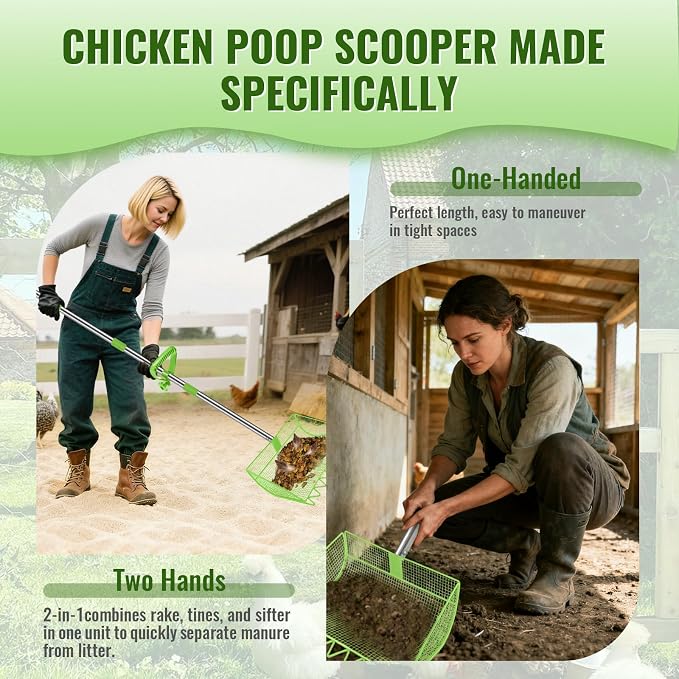 2-in-1 Chicken Coop Scooper: Extra Large 12” Poop Scooper & Rake with Adjustable Handle (37”-65”) | Heavy-Duty Metal Shovel for Quick Pet Waste, Rabbit, Guinea, Barn Cleaning | US Patent Pending,Green