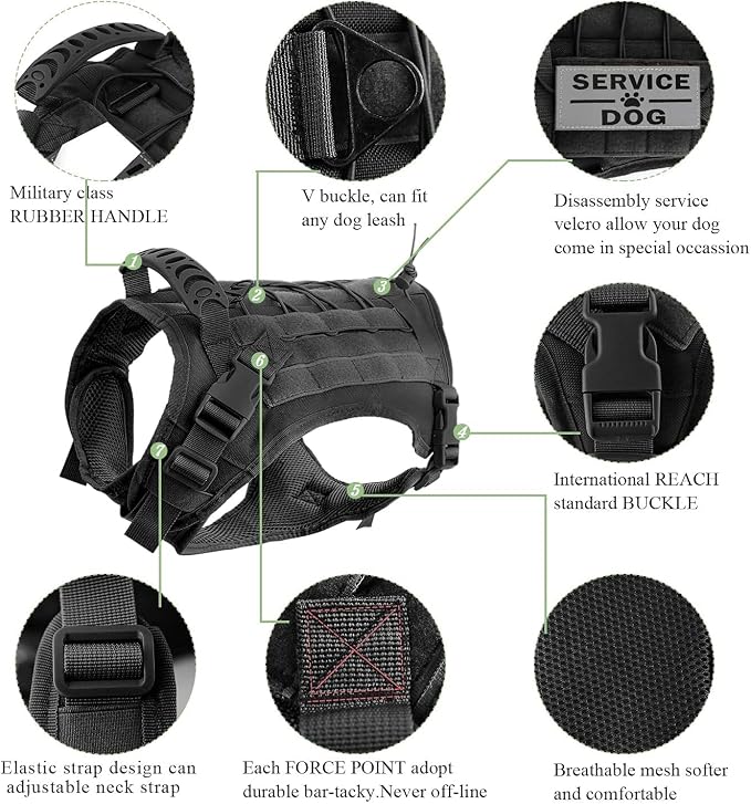 Tactical Dog Harness Vest with Pouches Training Outdoor Military K9 Harness Tactical Vest Detachable Medicine & Water Bags, 3 Patches