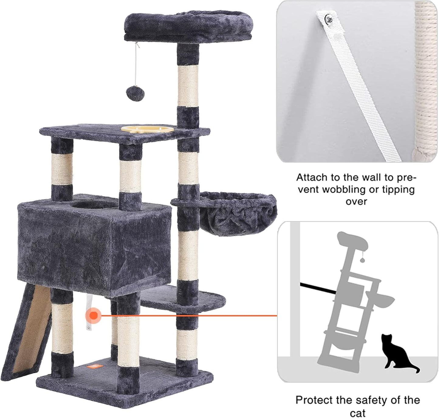 Heybly Cat Tree, Cat Tower for Indoor Cats with Scratching Board, Multi-Level Cat Furniture Condo with Feeding Bowl, Smoky Gray HCT010G