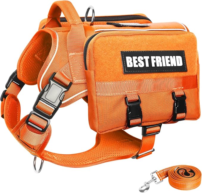 Dog Backpack Harness and Leash Set for Large Dogs Orange L | Removable Side Pockets Dog Vest with Padded Handle&MOLLE,No Pull Front&Back Metal Clips for Hiking Training Walking Hunting
