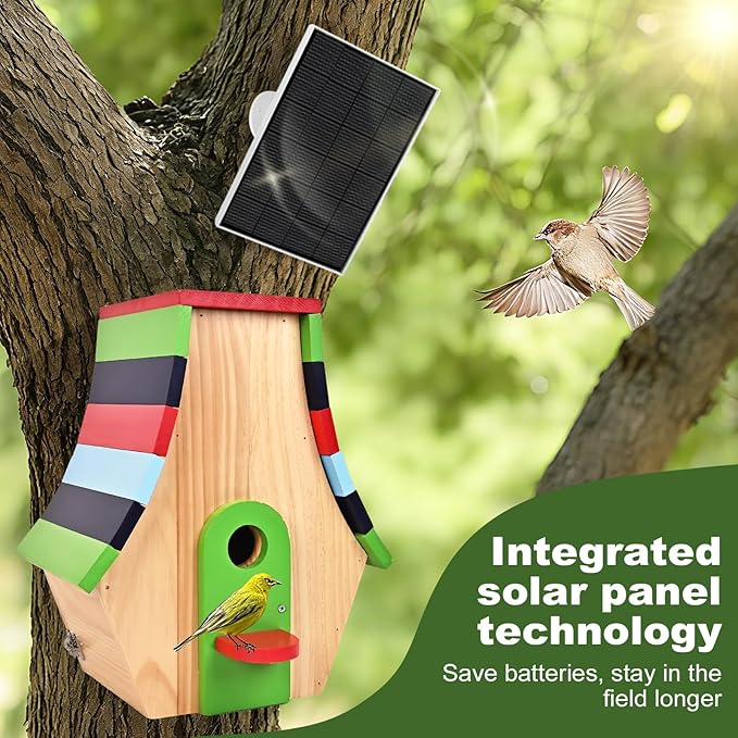 Birdhouse with Camera, Smart Bird House, 2.4G WiFi & App Notify 160° Wide Wireless 1080P HD Solar Powered Birdhouse Wooden Bird House with Camera Inside Easy Birdwatching for for BirdLovers