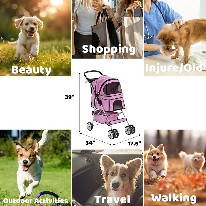 Pet Stroller for Small Medium Dogs & Cats, 4-Wheel Breathable Compact Foldable Dog Carrier with Storage Basket, Outdoor Portable Lightweight Travel Stroller for Camping,Pink