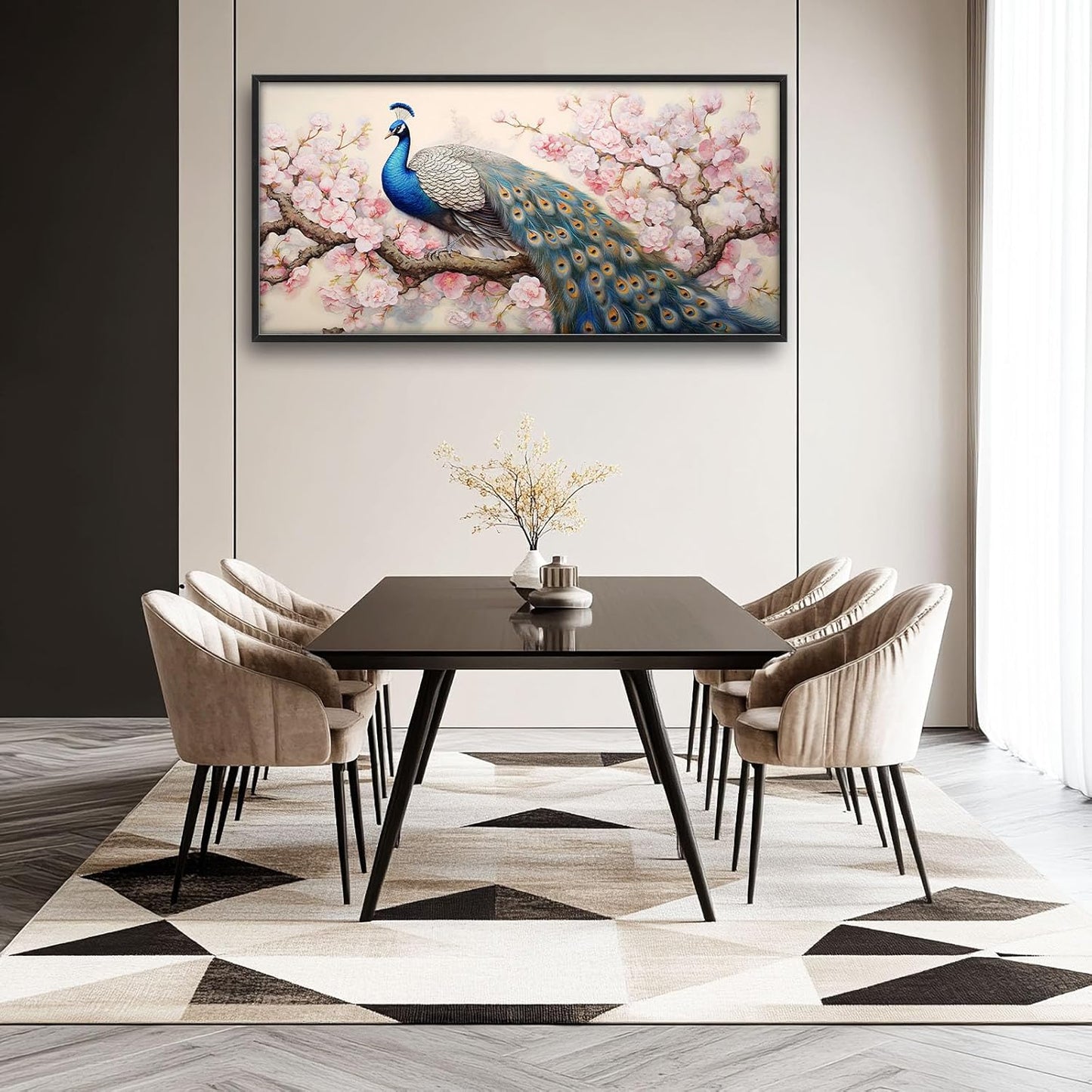 Quorin Peacock Large Wall Art Elegant Peacock Pictures Wall Decor Pink Flower Tree Canvas Print Painting Artwork for Bathroom Living Room Bedroom 60L x 30W