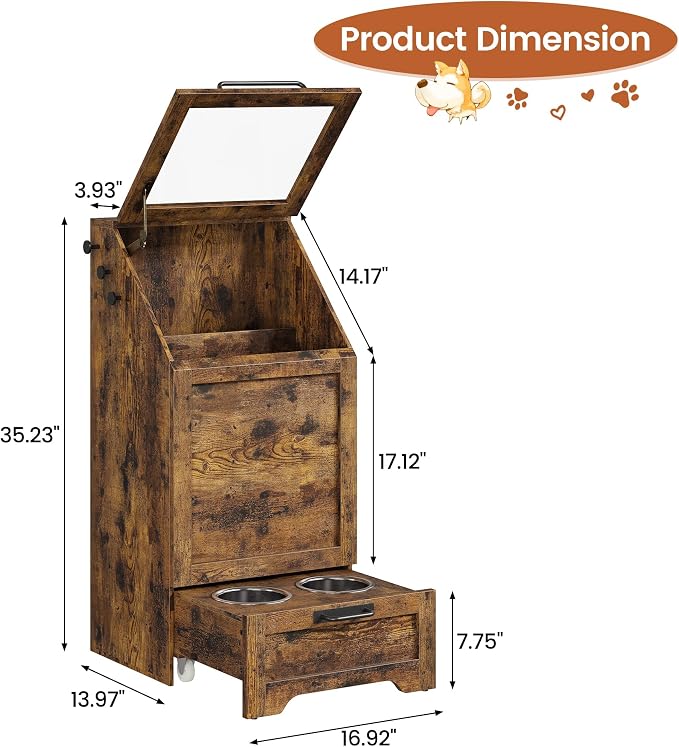 Dog Feeding Station with 2 Elevated Bowls | Pet Feeding Station,Flip Top Dog Food Storage Cabinet, Food Storage Container,Pet Toy Organizer,Modern Organizer, Brown
