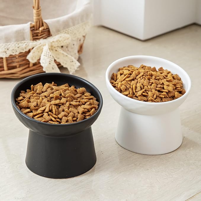 Elevated Cat Bowls, 15° Tilted Ceramic Raised Cat Food and Water Bowl Set, Whisker-Friendly Porcelain Pet Feeder Dishes for Indoor Cats and Small Dogs,Black & White Mixed,5.2 Inch,4 Pack