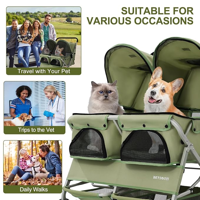 Double Pet Stroller for 2 Small Dogs & Cats, Side-by-Side Twin Travel Carriage with Safety Leashes, Mesh Windows & Double Storage Baskets, Lightweight & Foldable, 44lbs Capacity, Green