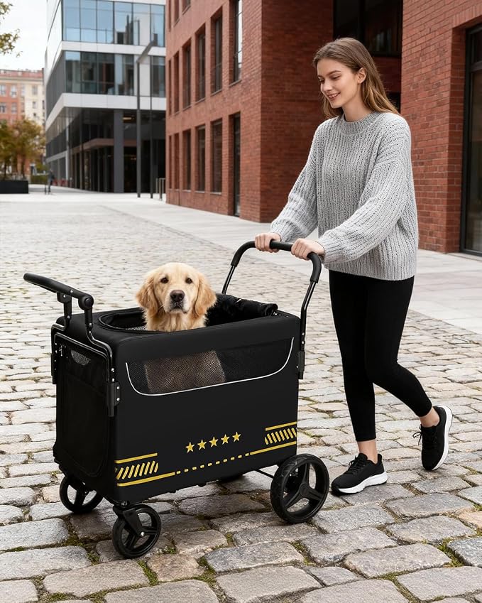 All Terrain Pet Stroller for Medium & Large Dogs with Ramp | Foldable Dog Stroller with Brakes, 3 Entrances, Dual Adjustable Handles with Reversible Push, 160lbs Weight Capacity