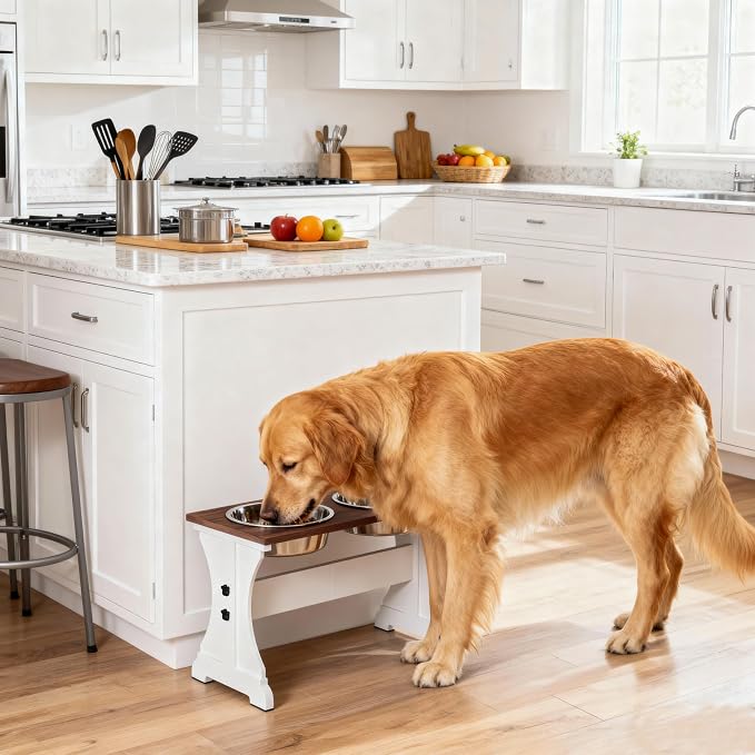 Piskyet Elevated Dog Bowls,Dog Bowl Stand, 9Cups 13.8"H_80oz Bowl-Farmhouse | Farmhouse Dog Bowls Stand, Raised Dog Bowl with 2 Stainless Steel Wooden Dogs Bowls for Medium Large Size Dogs