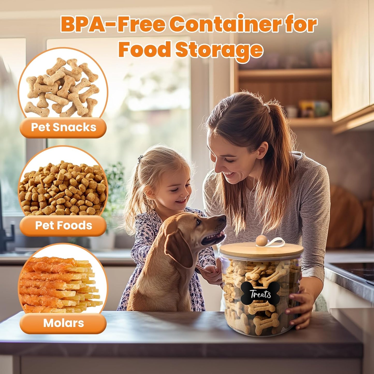 3 Pack Airtight Dog Food Storage Container, Dog Treat Container Dog Food Containers with Bamboo Lids 8x7''&6x5'',Pet Food Storage Container,Cat Food Container with Scoops,Clamp,Labels,Pen