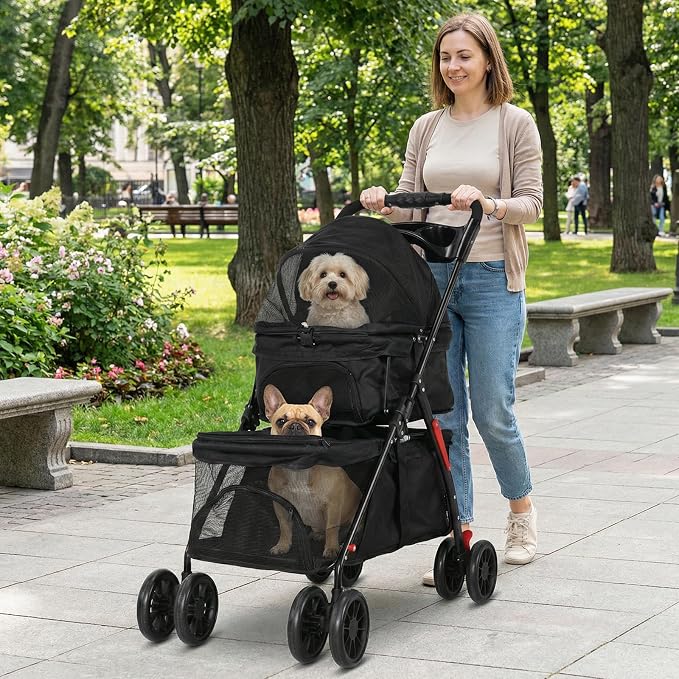 Foldable Double Pet Stroller with Lockable Wheels, Tear-Resistant Fabric | Double Pet Stroller for Dogs and Cats,Cat Strollers for 2 Cats,Double Dog Stroller for 2 Small Medium Dogs,4 Lockable Wheels