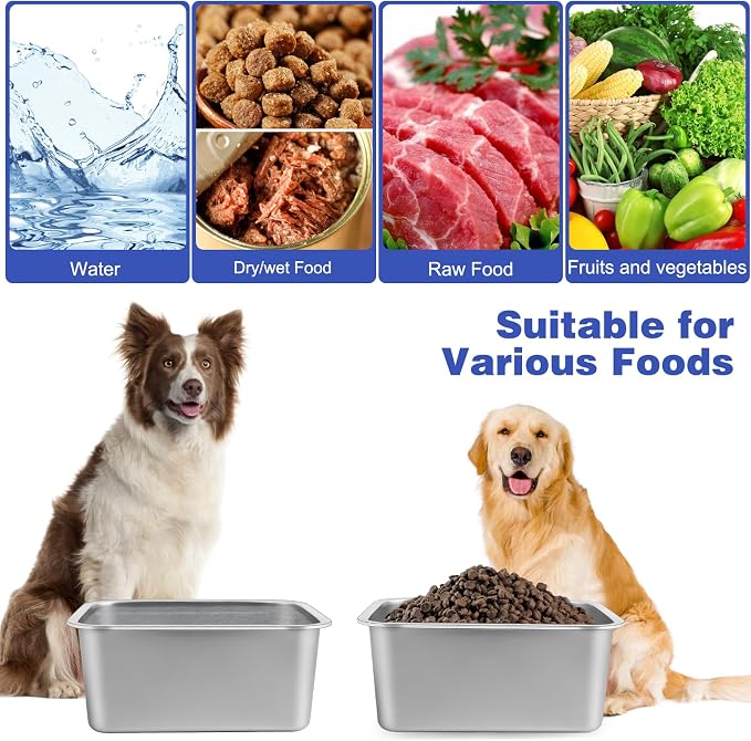 2 Gallon Large Dog Water Bowl, 2 Pack Stainless Steel Dog Bowls | 12.6 x 8.7 x 5.9 in Bowl Set, Food or Water Use, Indoor Outdoor Use, Wide Opening, Rounded Corners, Easy Rinse