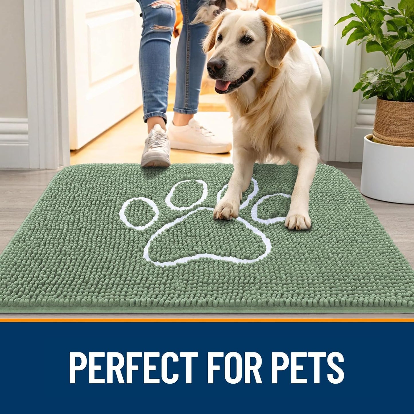 OLANLY Door Mat for Muddy Dog Paws 36x24, Absorbent Chenille Doormat with Paw Print Design, Non-Slip Washable Doormat for Indoor Entryway, Quick-Dry Pet Bed Mats for Dirty Dogs, Olive Green and White