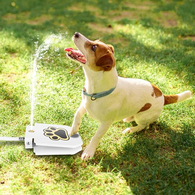 Dog Water Fountain Outdoor,Upgrade Large Dog Sprinkler Drinking Water Dispenser Step-On,Dog Paw Water Activated Bowl Alternative with Stainless Steel Braided Hose