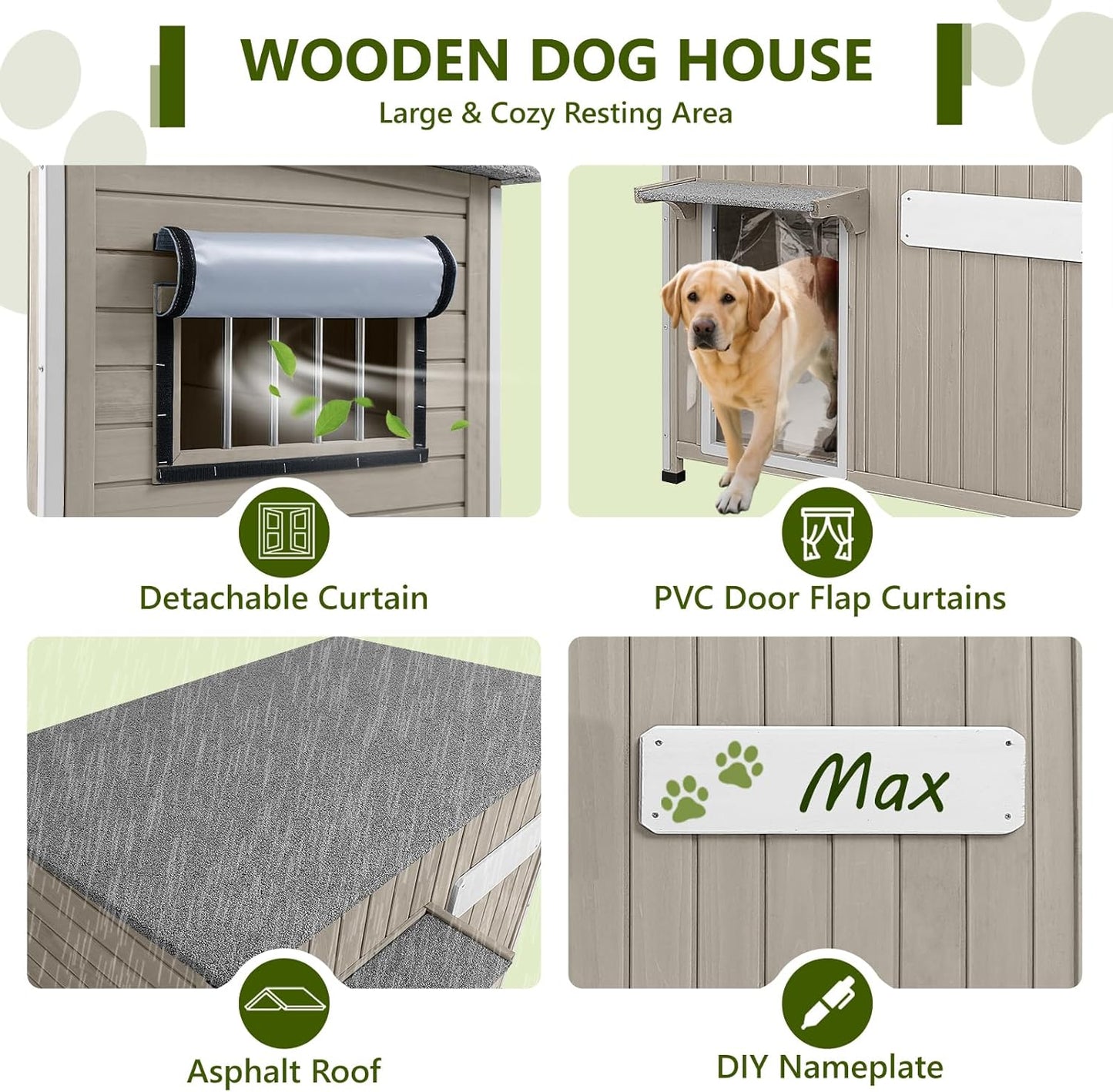 Large Dog House Outdoor XL Wooden Dog House with Weatherproof Asphalt Roof, Chew-Resistant Frame, Removable Floor, for Medium to Large Dogs Indoor Outdoor Use (Grey, 43.3"L x 29.5"W x 33.5"H)
