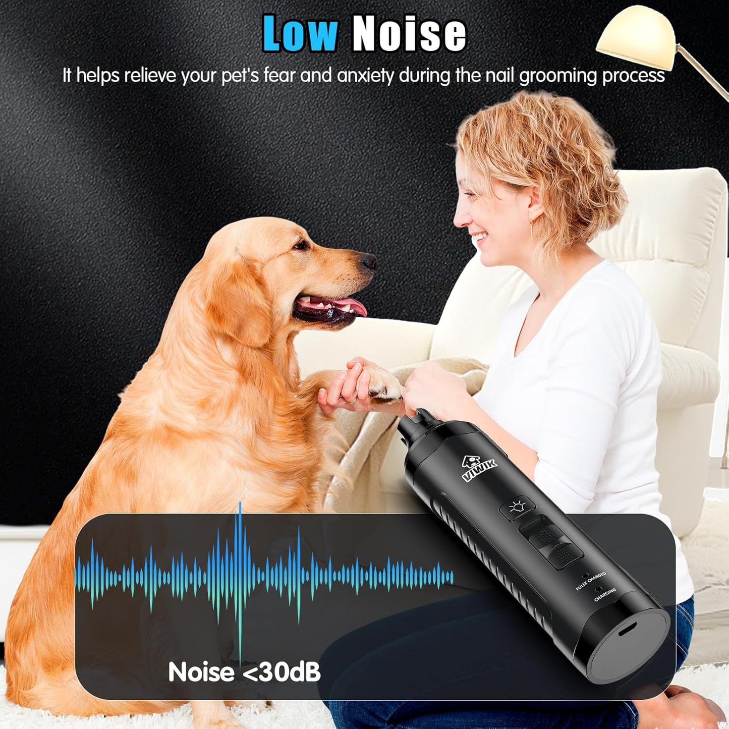 VIWIK Dog Nail Grinder, Dog Nail Trimmers for Large Medium Small Dogs & Cats, Super Quiet Electric Pet Nail Clippers Kit with Light, 2-Speed USB Rechargeable Pet Paws Grooming Tool Black