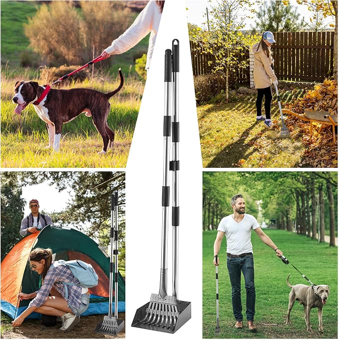 Adjustable Metal Dog Pooper Scooper Tray and Rake Set for Pet Waste Removal | Adjustable Stainless Steel Long Handle, Light Weight Aluminum Tray,Durable Carbon Steel Rake,For Medium Small Dogs