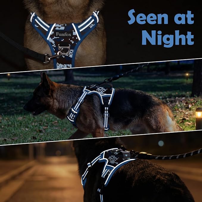 Dog Harness No Pull, Adjustable Pet Vest Harness, Super Soft Material with Vertical Handle Easy Control, Reflective Night Walking, 2 Leash Clips for Large Dogs, Mosaic Blue, L