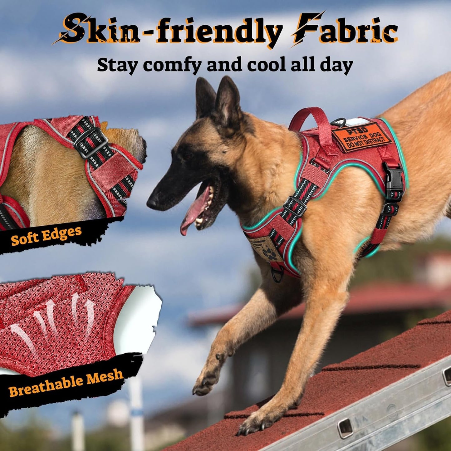 rabbitgoo Dog Harness Medium Sized No Pull, Tactical Service Pet Vest with Molle and Control Handle, Adjustable and Reflective Military Harness for Easy Walking and Training, Red, M