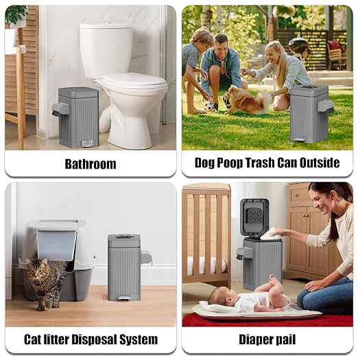 Dog Poop Trash Can for Outside & Indoor, 5L/1.3Gal Small Pet Waste Bin with Odor Control Carbon Filter Lid, 2-Way Open (Step & Press Top), Dog Waste Container with Bag Holder, Grey