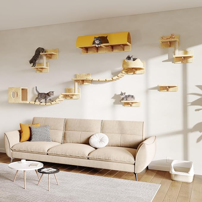 Cat Wall Furniture, 16 in 1 Cat Shelves w/Tunnel & Bridge, Beige | Wall Mounted Cats Shelf Set with Plush Fabric, Cat Climbing Wall Systems for 16 Inch Drywall, with Scratching Posts, Condos