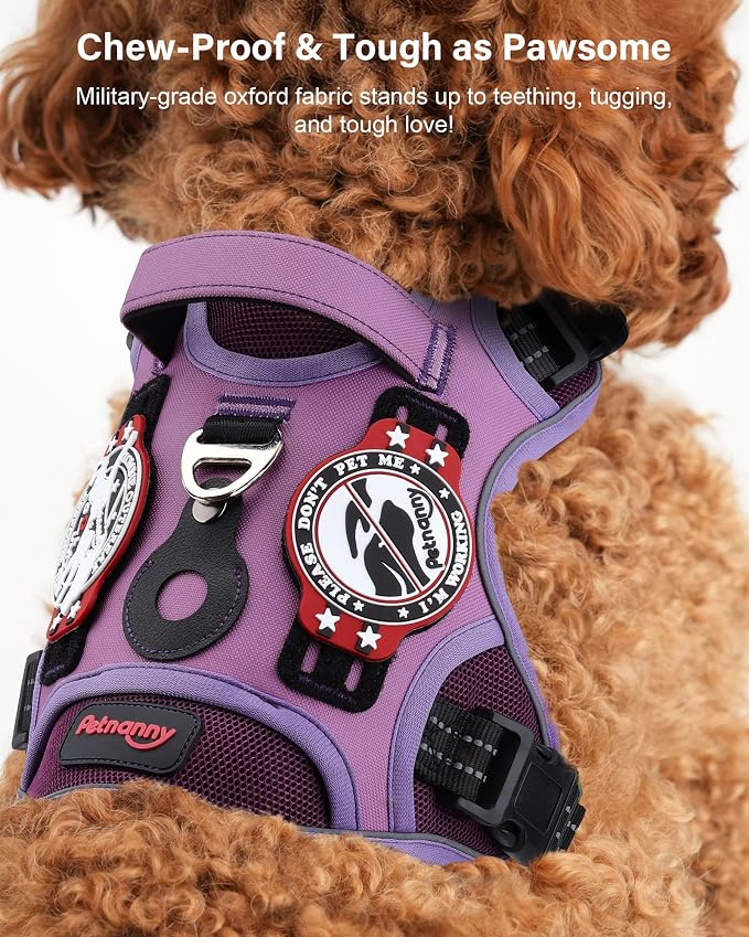 Petnanny Tactical Dog Harness No Pull Service Dog Vest M Purple | Tactical Dog Vest with breathable mesh & hook loop panel, no pull harness for walking training, adjustable fit