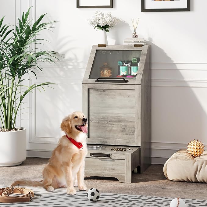 Dog Feeding Station with 2 Elevated Dog Bowls | Pet Feeding Station,Flip Top Pet Food Cabinet,Pet Food Container,Pet Toy Storage Organizer,Modern Storage Organizer, Grey
