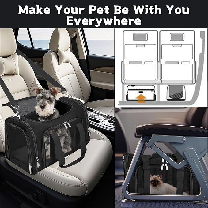Soft-Sided Cat/Dog/Pet Carrier, Collapsible Pets Travel Carriers for Big Cats/Small Dogs with Shoulder Strap & Removable Mat, Mesh Puppy Carry Bag, Up to 16 Lbs, TSA Airline Approved(Black)