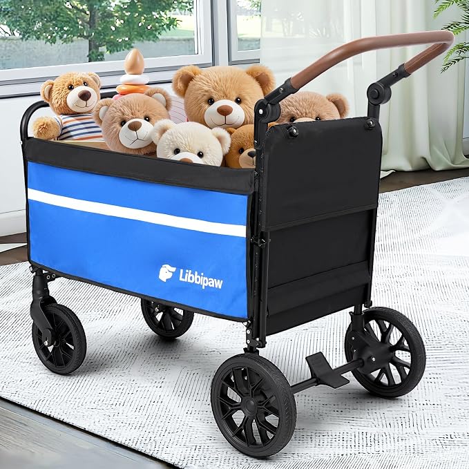 LUFFWELL Foldable Dog Wagon with Ramp, Medium & Large Dogs, Blue | All-terrain wheels, One-step brake, Adjustable handle, Side pockets, 200 lb capacity