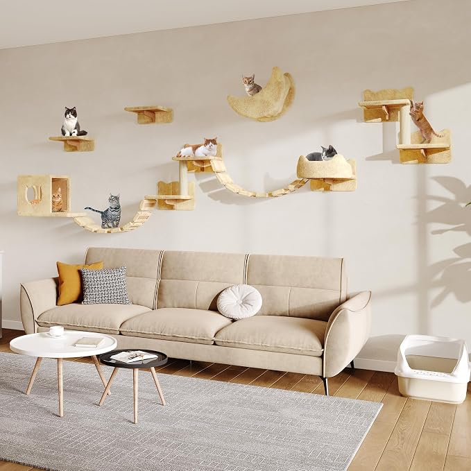 Cat Wall Furniture, 13 in 1 Moon & Bridge Cat Wall Shelves, Beige | Wall Mounted Cats Shelf Set with Plush Fabric, Cat Climbing Systems for 16 Inch Drywall, Condo, Scratching Post, Space-Saving