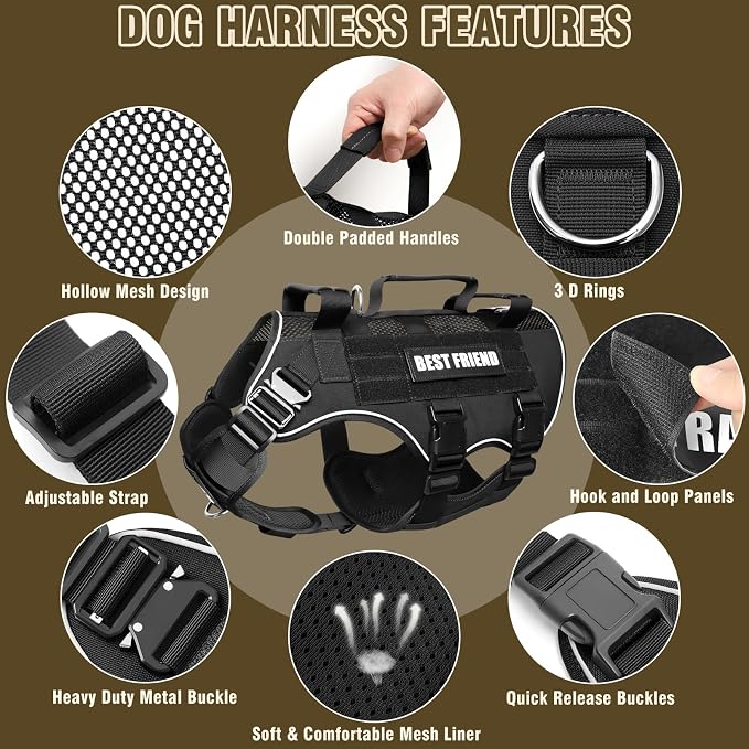 Air Mesh Tactical Dog Harness with Metal Buckles&MOLLE,Black Large | Breathable Adjustable No Pull Service Dog Vest with 3 Padded Handles,Military Dog Harness for Training Hiking Hunting Working