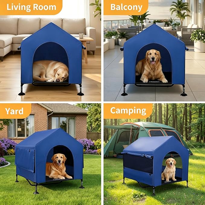 Dog House, 42” Large Dog Houses Outdoor Indoor Elevated Dog Cot Bed | 2-in-1 Outside Dog Tent Shade, Three-Sided Breathable Mesh Windows, Easy to Install, Waterproof Canopy, Non-Slip Feet