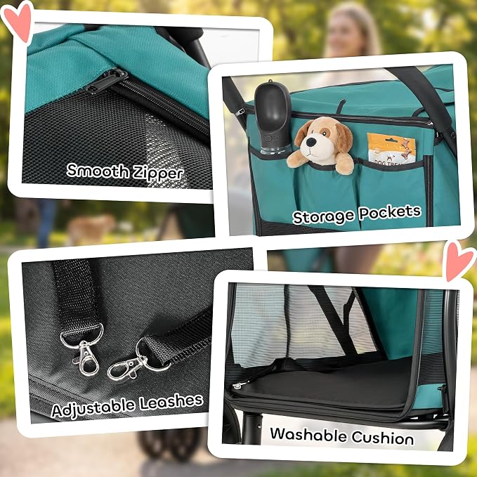 PawHut 3 Wheel Pet Stroller, Dog Stroller Dual Entry, Easy One-Click Quick Fold, All-Terrain Wagon Cart with Air Mesh, Washable Cushion, for Small and Medium Dogs and Cats Up to 44 lbs, Dark Green