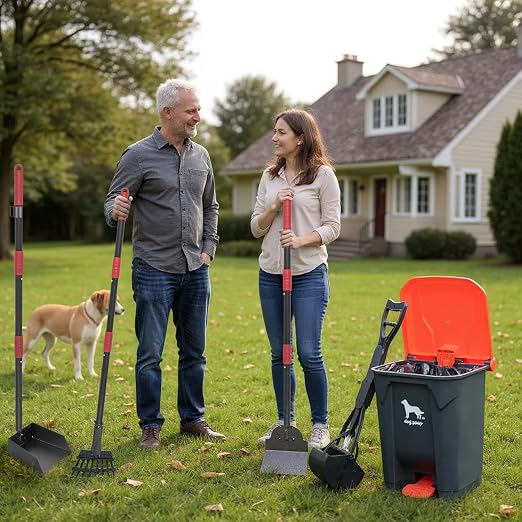 Dog Pooper Scooper, 7Pcs Set Poop Trash Can with Removable Inner Bucket, Long Handle Tray & Rake, 60 Waste Bags, Dog Waste Large Bin Waterproof for Outdoor, Backyard, Garden