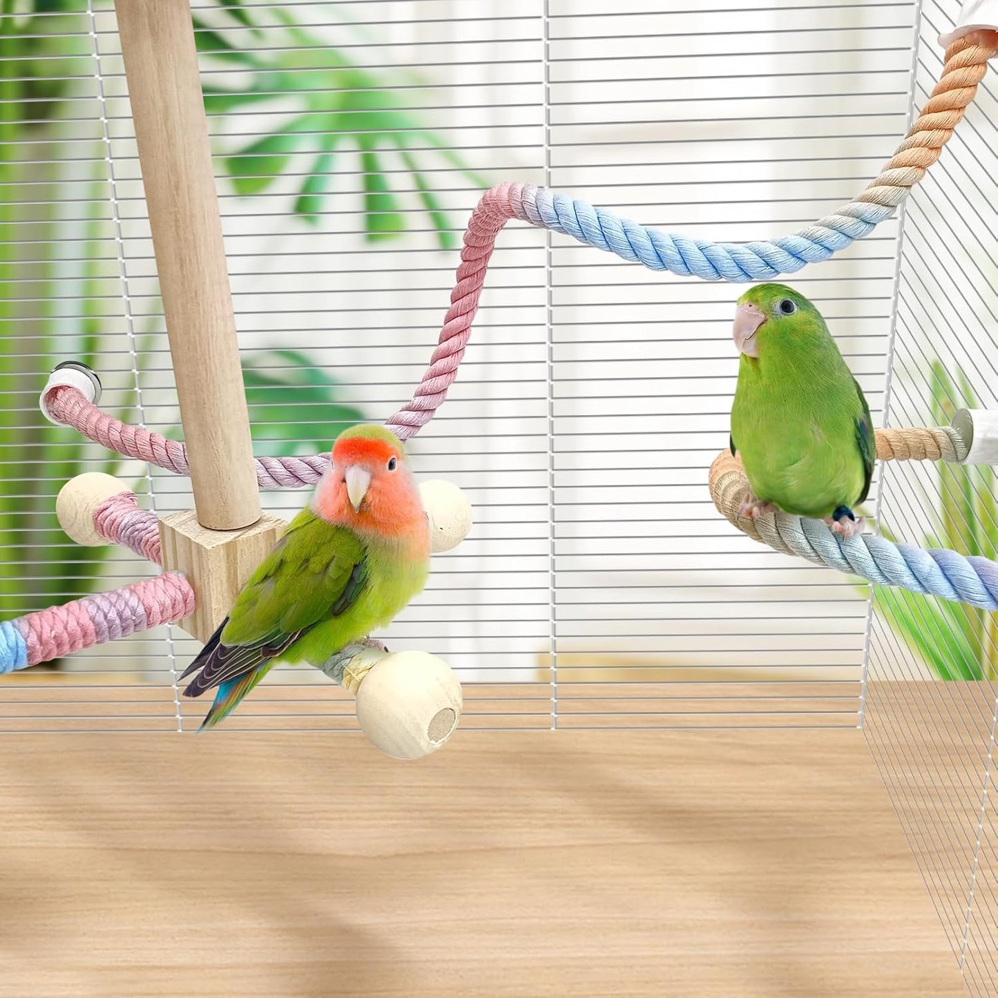 BNOSDM Bird Rope Perch with Stand Perch Toy Set Bendable Rope Perches Wooden Spinning Exercise Wheel Toy Parrot Cage Accessories for Parakeets, Conures, Lovebirds, Budgies, Cockatiels (Rainbow Color)