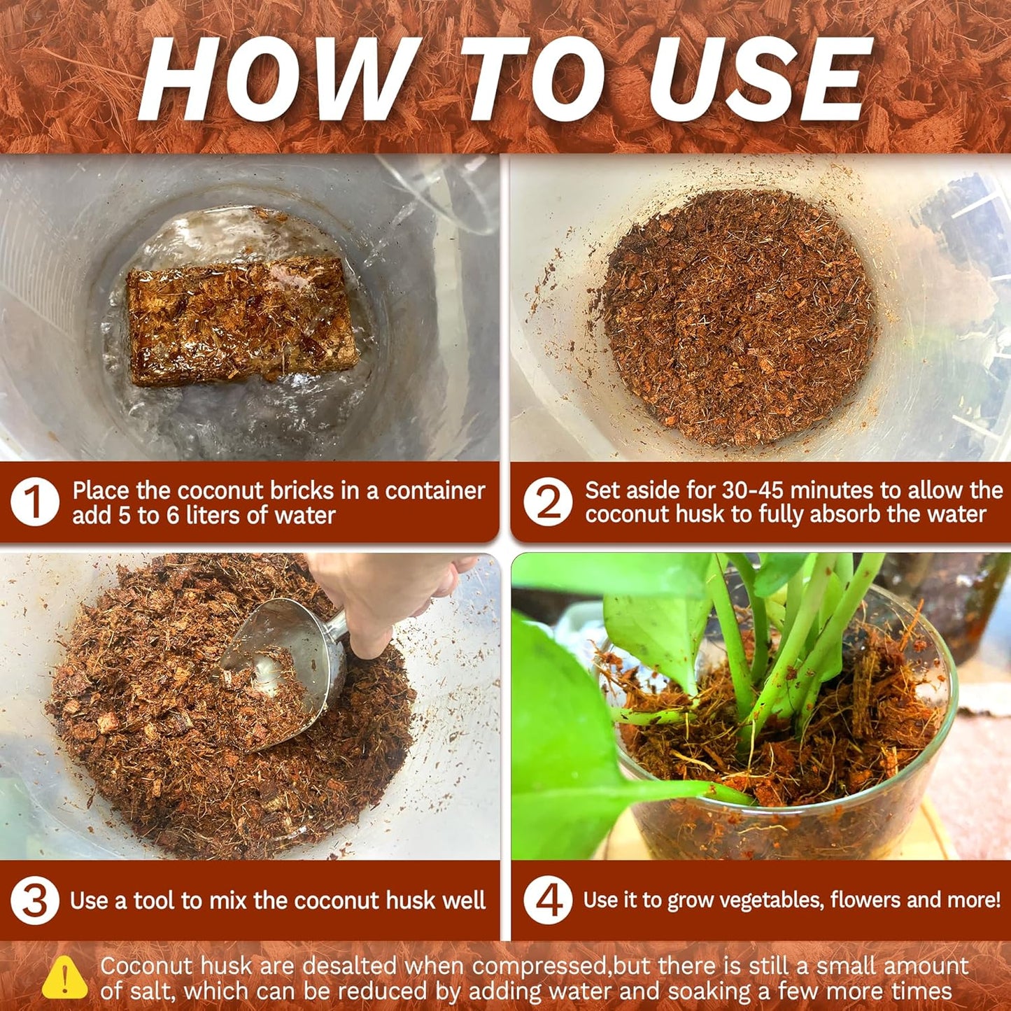 Coco Chips for Plant - COCOUNT Shell 6 Pack Organic Coconut Husk Chips with Low EC & PH Balanced, High Expansion Coconut Substrate Coco Husk Mulch for Garden, Flowers and Reptile'