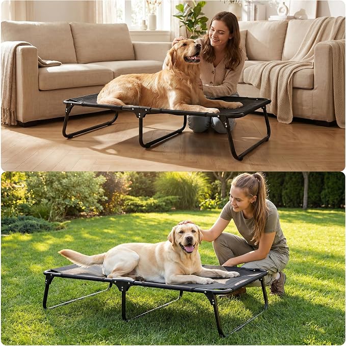 Foldable Outdoor Elevated Dog Cot Bed with Handle | Large Raised Pet Bed Load Over 150 LB, Breathable Mesh, Heavy Duty Frame, Non-slip Foot Pads