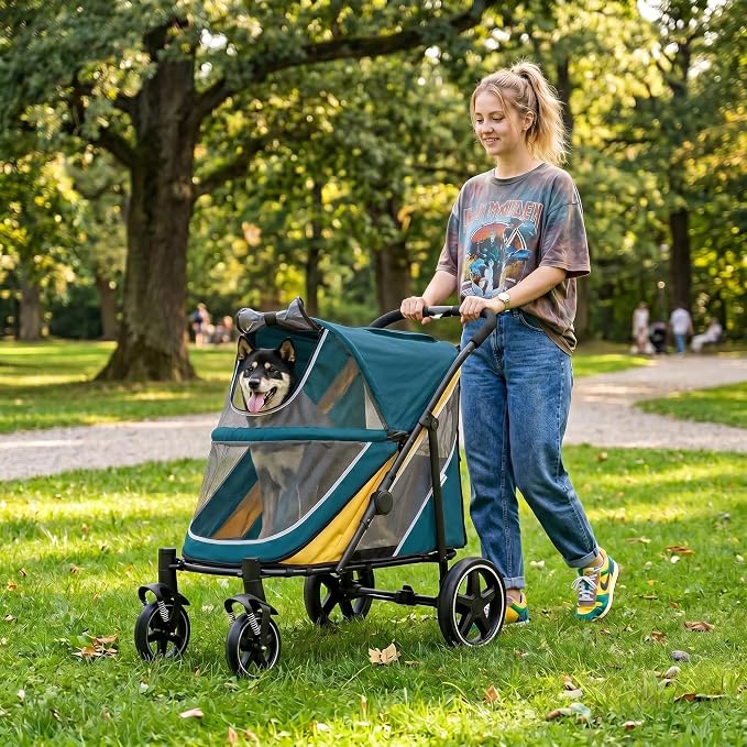 Dog Stroller for Medium/Large Dogs One-Click Folding, Extra Large Pet Stroller for 2 Dogs with Storage Pocket & Shock Absorption, Up to 130 lbs, Blue