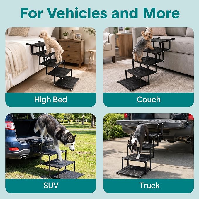 Dog Stairs for Car - Foldable Dog Steps for Large Dogs with Non-Slip Surface & Extra Wide Design, Pet Ramp for SUVs & Trucks, Portable Metal Frame Supports Up to 250 lbs (5 Steps)