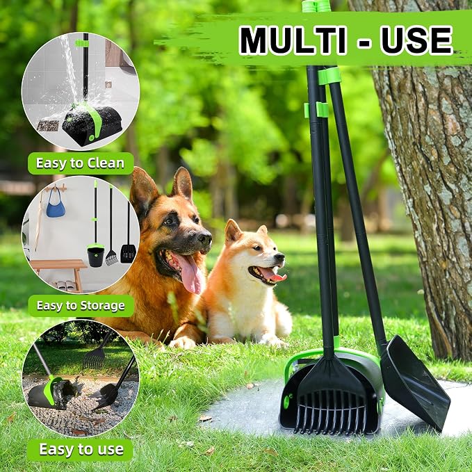 Pooper Scooper Swivel Bin & Rake & Spade Kit with Waste Bags, Max 50" Long Handle Adjustable Portable Non-Breakable for Large Medium Small Dogs, Dry and Wet Poop,Lawn Yard Dog Kennel