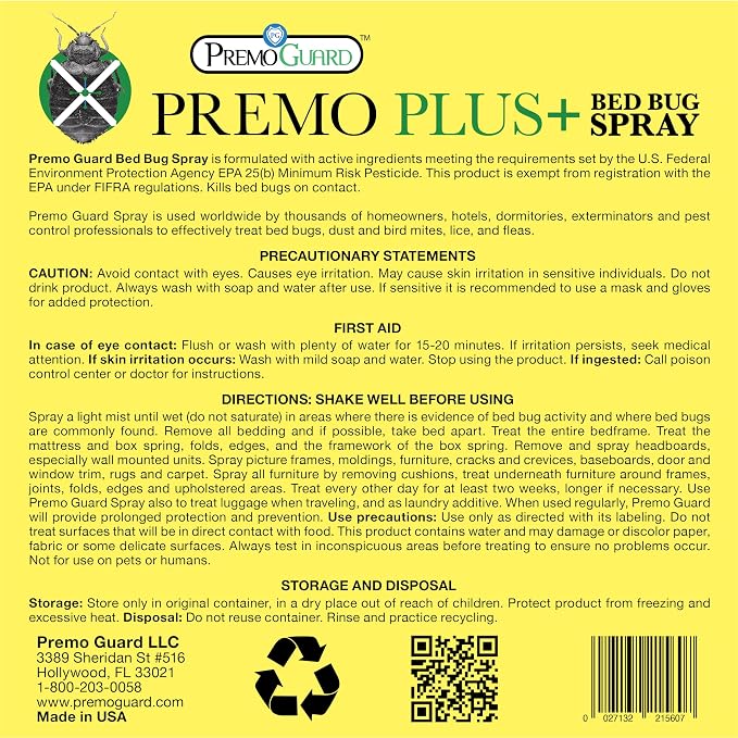 Premo Plus+ Bed Bug Spray Extra Strength – 128 oz – Fast Acting Bed Bug Treatment & Killer – Stain & Scent Free – Child & Pet Safe – Powerful New Stronger Formula – Natural with No Harmful Chemicals
