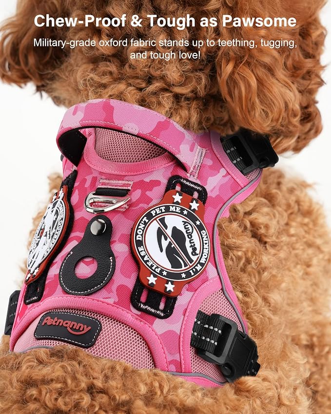 Petnanny Tactical Dog Harness No Pull Service Dog Vest M Pink Camo | Tactical Dog Vest with breathable mesh & hook loop panel, no pull harness for walking training, adjustable fit