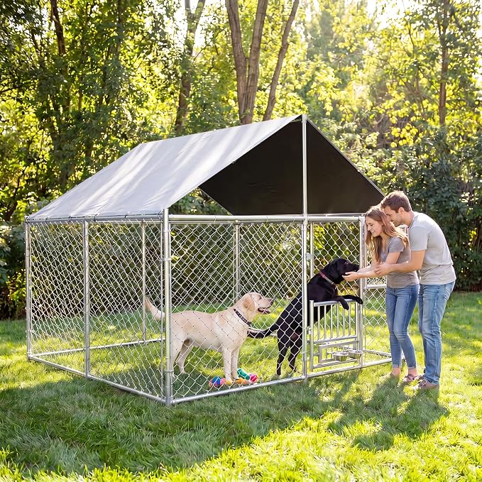 7.5 x 7.5ft Large Outdoor Dog Kennel with Rotating Feeder, HeavyDuty Dog Runs with Roof, Pet Playpen with Double Doors&Secure Lock, with Galvanized Chain Link for Dogs,Chickens,Ducks